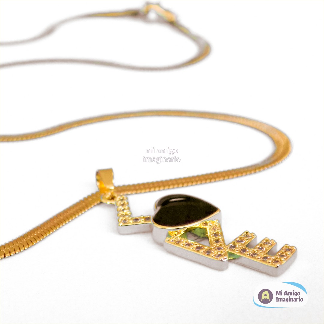 Set Collar y Aretes Corazón Negro Letras Love Cadena Acero Mi Amigo Imaginario Set Collar y Aretes Corazón Negro Letras Love Cadena Acero Mi Amigo Imaginario