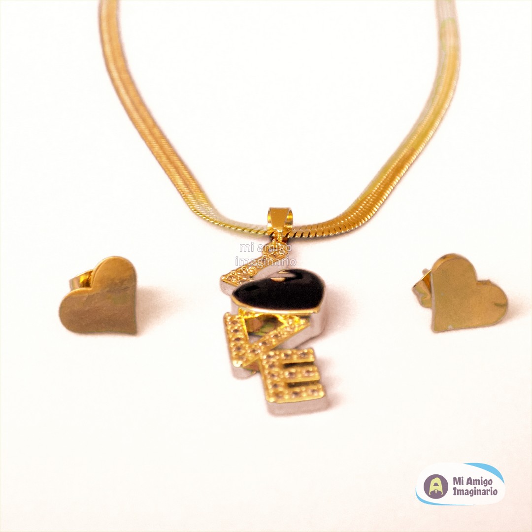 Set Collar y Aretes Corazón Negro Letras Love Cadena Acero Mi Amigo Imaginario Set Collar y Aretes Corazón Negro Letras Love Cadena Acero Mi Amigo Imaginario