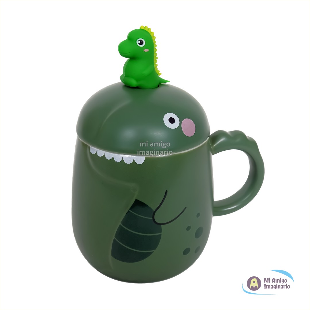 Taza dinosaurio verde Kawai con tapa y cuchara Cerámica Mi Amigo Imaginario Taza dinosaurio verde Kawai con tapa y cuchara Cerámica Mi Amigo Imaginario