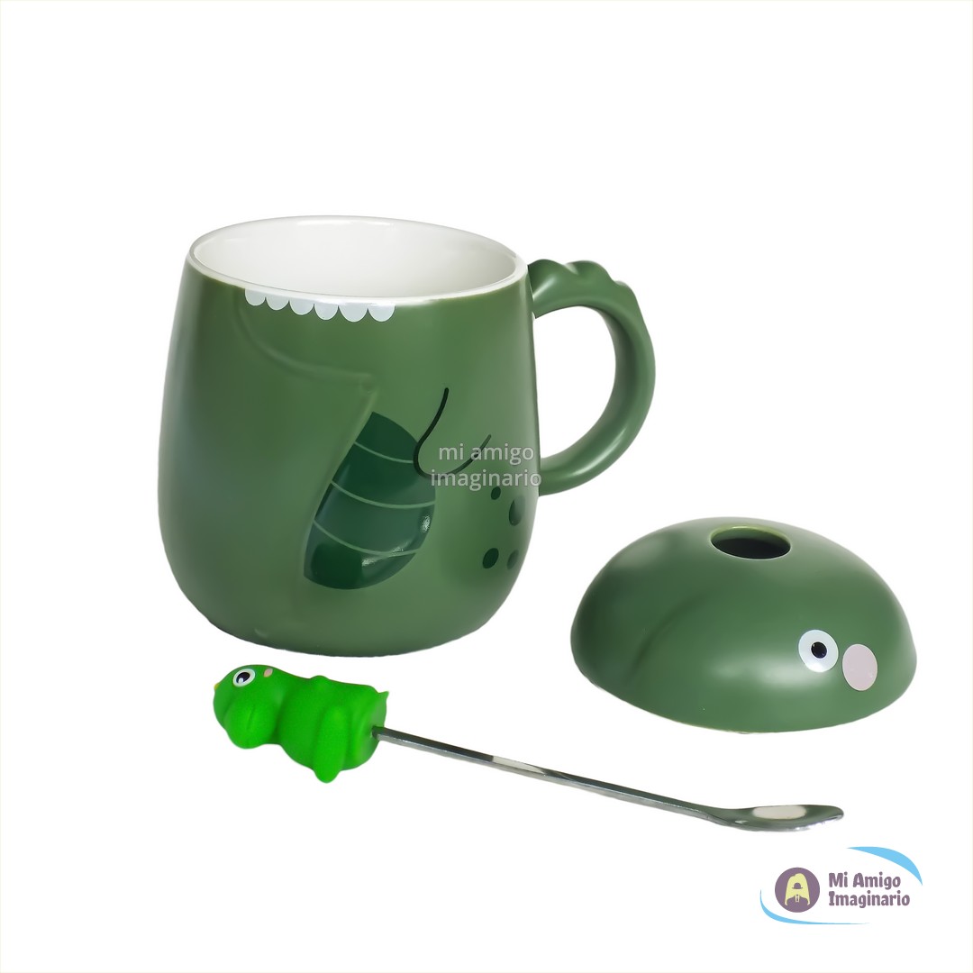 Taza dinosaurio verde Kawai con tapa y cuchara Cerámica Mi Amigo Imaginario Taza dinosaurio verde Kawai con tapa y cuchara Cerámica Mi Amigo Imaginario