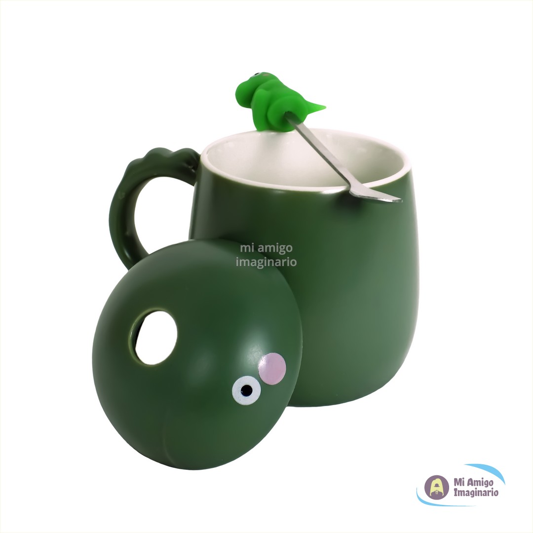 Taza dinosaurio verde Kawai con tapa y cuchara Cerámica Mi Amigo Imaginario Taza dinosaurio verde Kawai con tapa y cuchara Cerámica Mi Amigo Imaginario