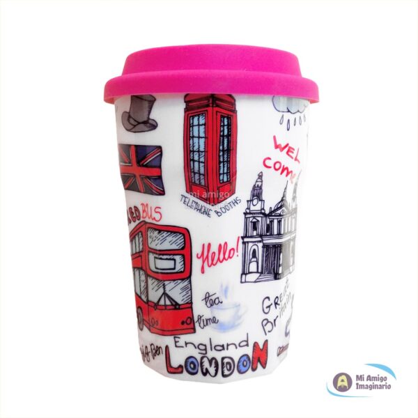 Vaso de Café Londres Inglaterra Cerámica Tapa Silicón Colores Mi Amigo Imaginario