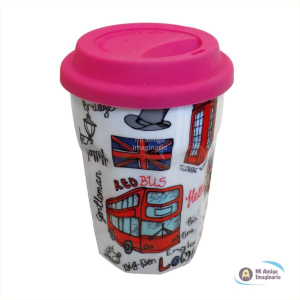 Vaso de Café Londres Inglaterra Cerámica Tapa Silicón Colores Mi Amigo Imaginario