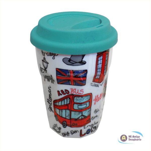 Vaso de Café Londres Inglaterra Cerámica Tapa Silicón Colores Mi Amigo Imaginario