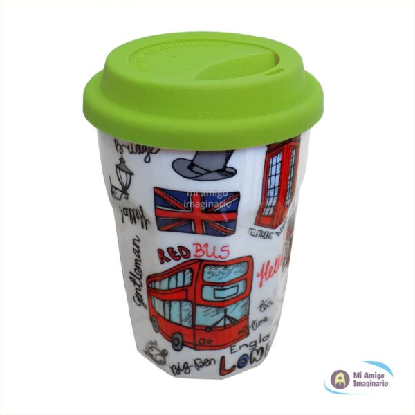 Vaso de Café Londres Inglaterra Cerámica Tapa Silicón Colores Mi Amigo Imaginario